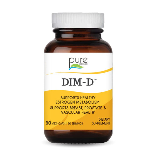 Pure Essence Dim D bottle front promoting estrogen balance support.