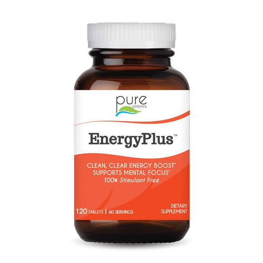 Pure Essence EnergyPlus bottle front showing caffeine-free herbal energy support.