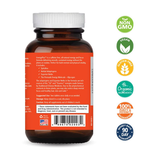 Energy Plus label highlighting caffeine-free herbal formula and reliability