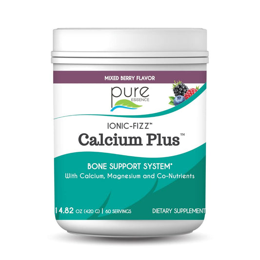 Pure Essence Ionic Fizz Calcium Plus bottle pour shows convenient mineral blend for daily use