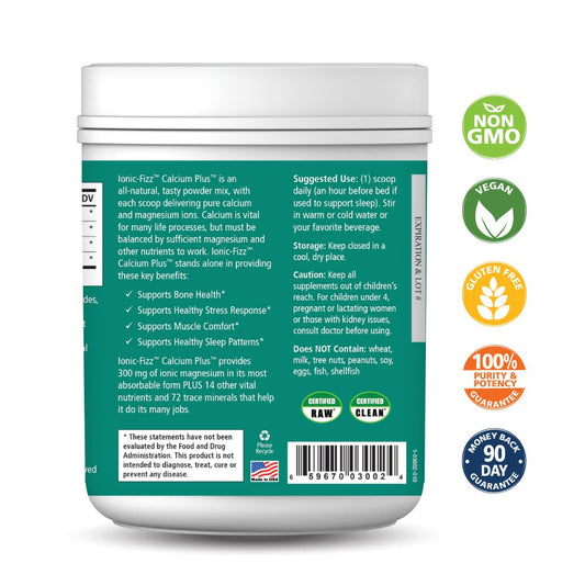 Pure Essence Ionic Fizz Calcium Plus mixed-berry powder ready to dissolve in liquid