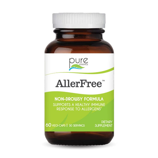 Pure Essence Labs AllerFree bottle front, non-drowsy allergy support for seasonal symptoms.