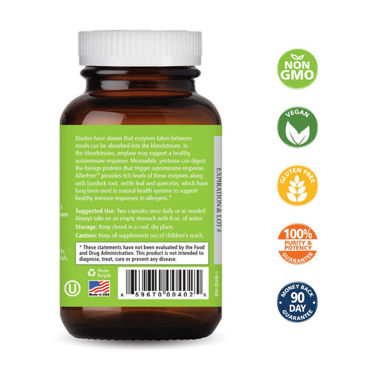 AllerFree capsules close-up highlighting natural enzyme and herb blend for nasal comfort.