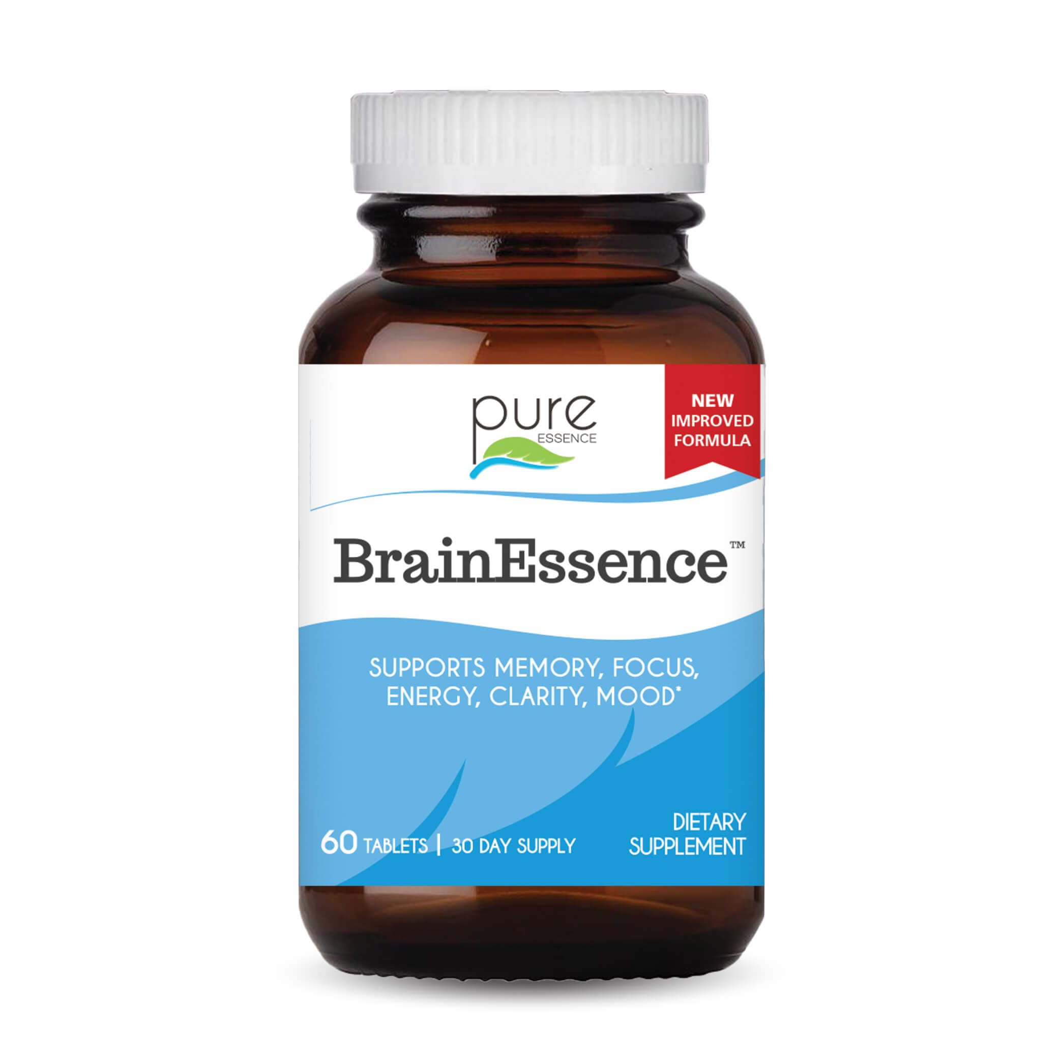Pure Essence Labs Brain Essence bottle front, clean design, memory support visual.