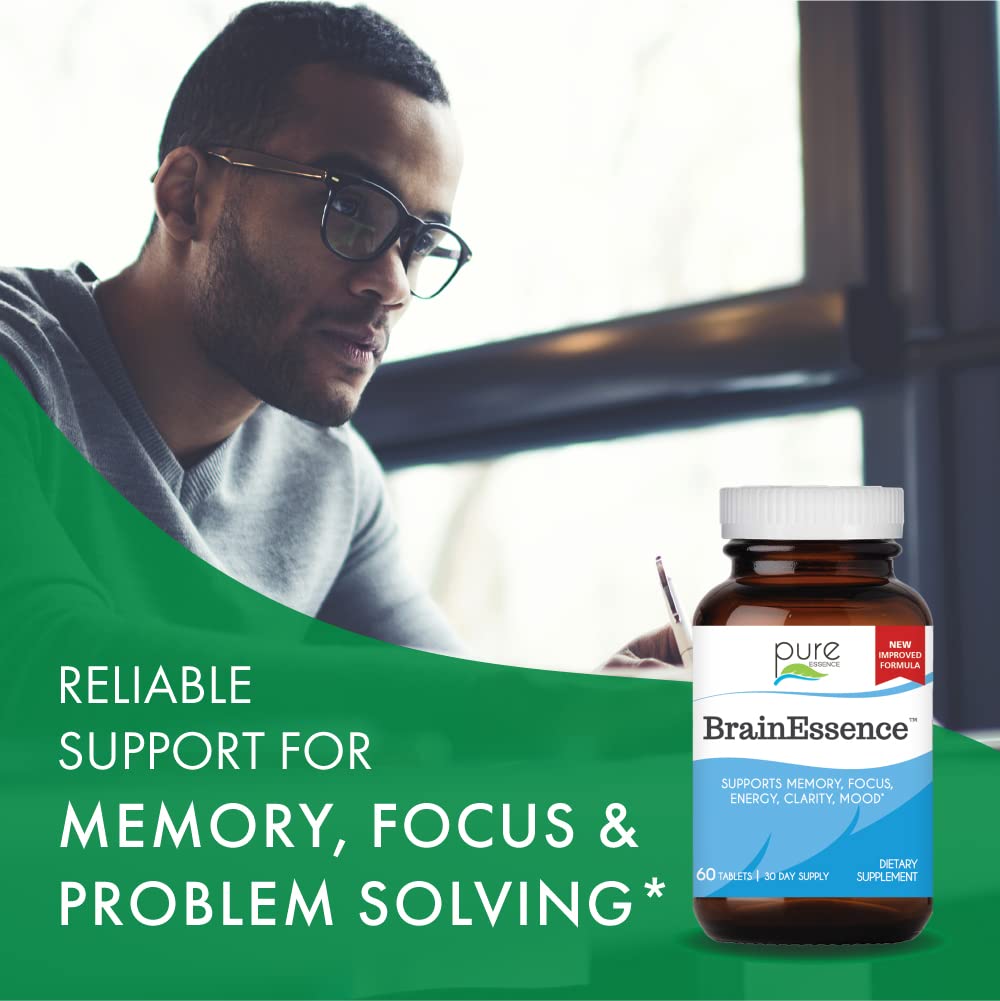 Brain Essence ingredients bottle highlighting bacopa and rhodiola for daily focus.