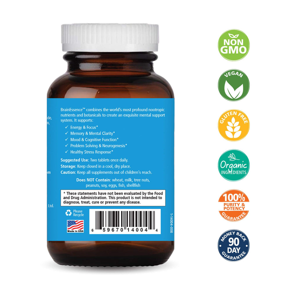 Brain Essence tablets close-up, compact and easy-to-take memory support.