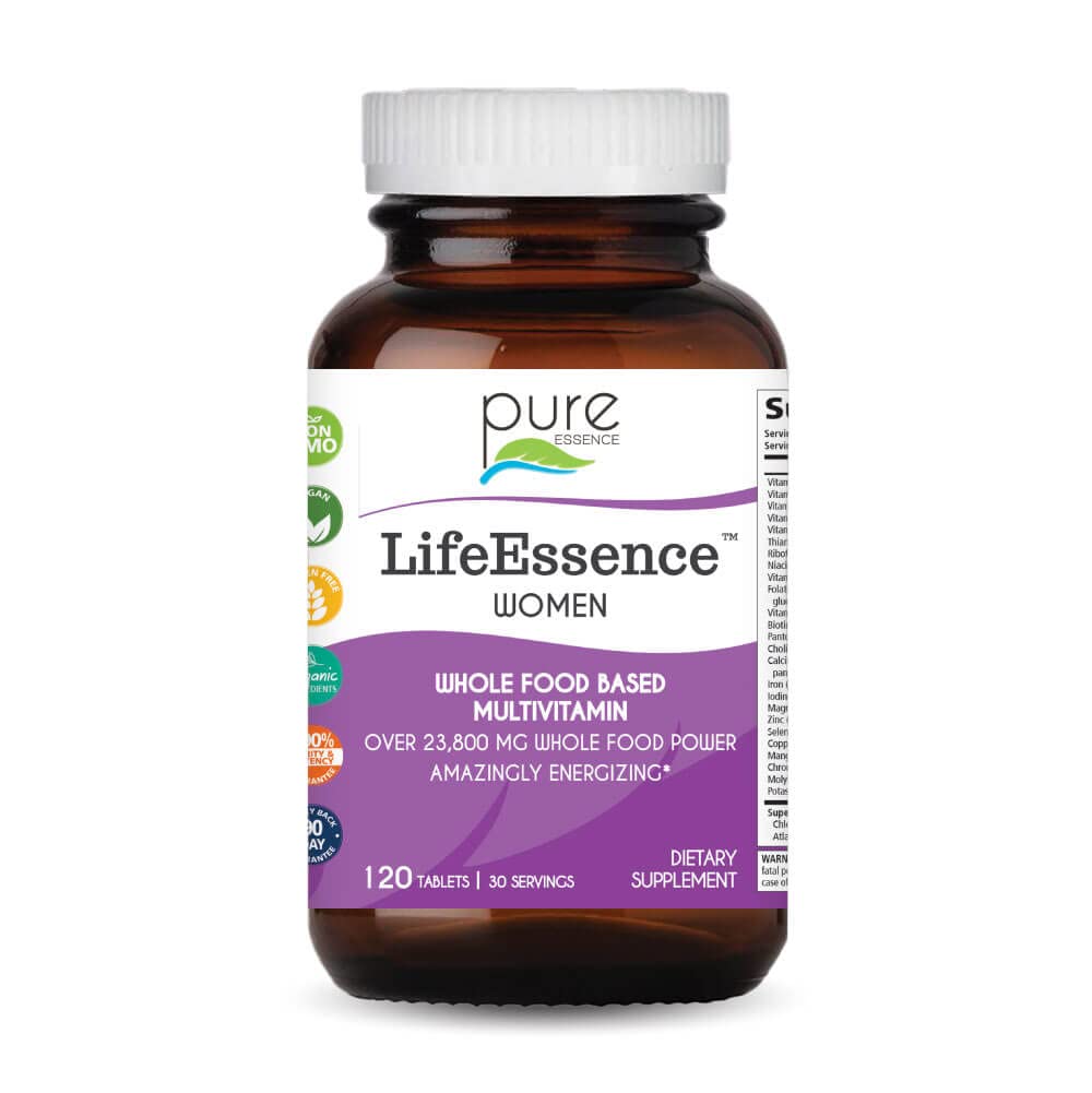 Pure Essence Labs LifeEssence Women's Formula bottle prepared for daily energy support.