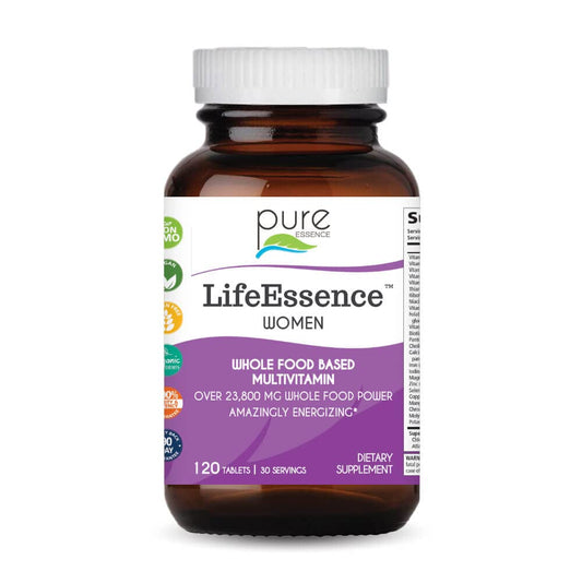 Pure Essence Labs LifeEssence Women's Formula bottle prepared for daily energy support.