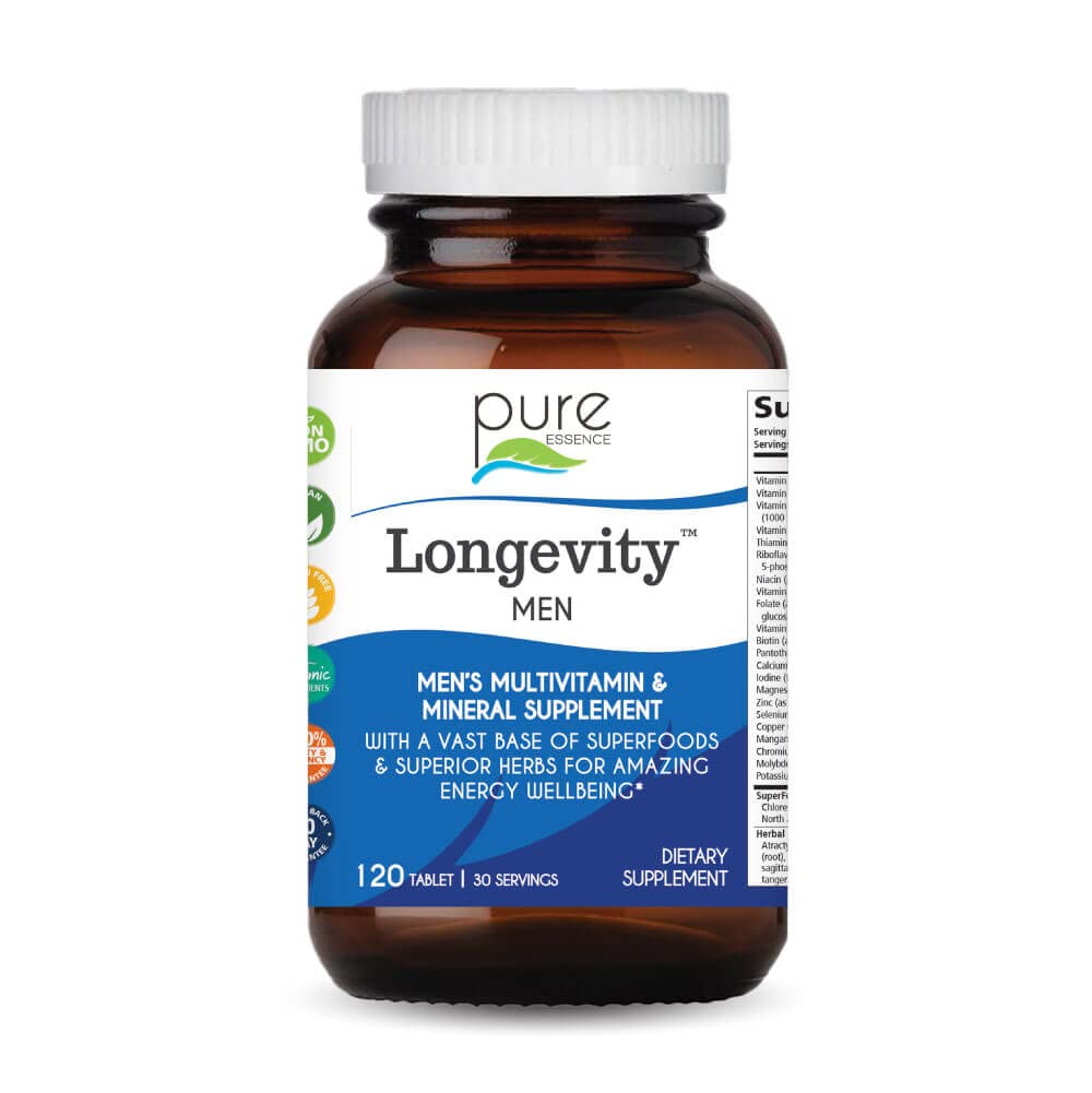 Pure Essence Labs Longevity multivitamin bottle for men over 40, supporting daily energy