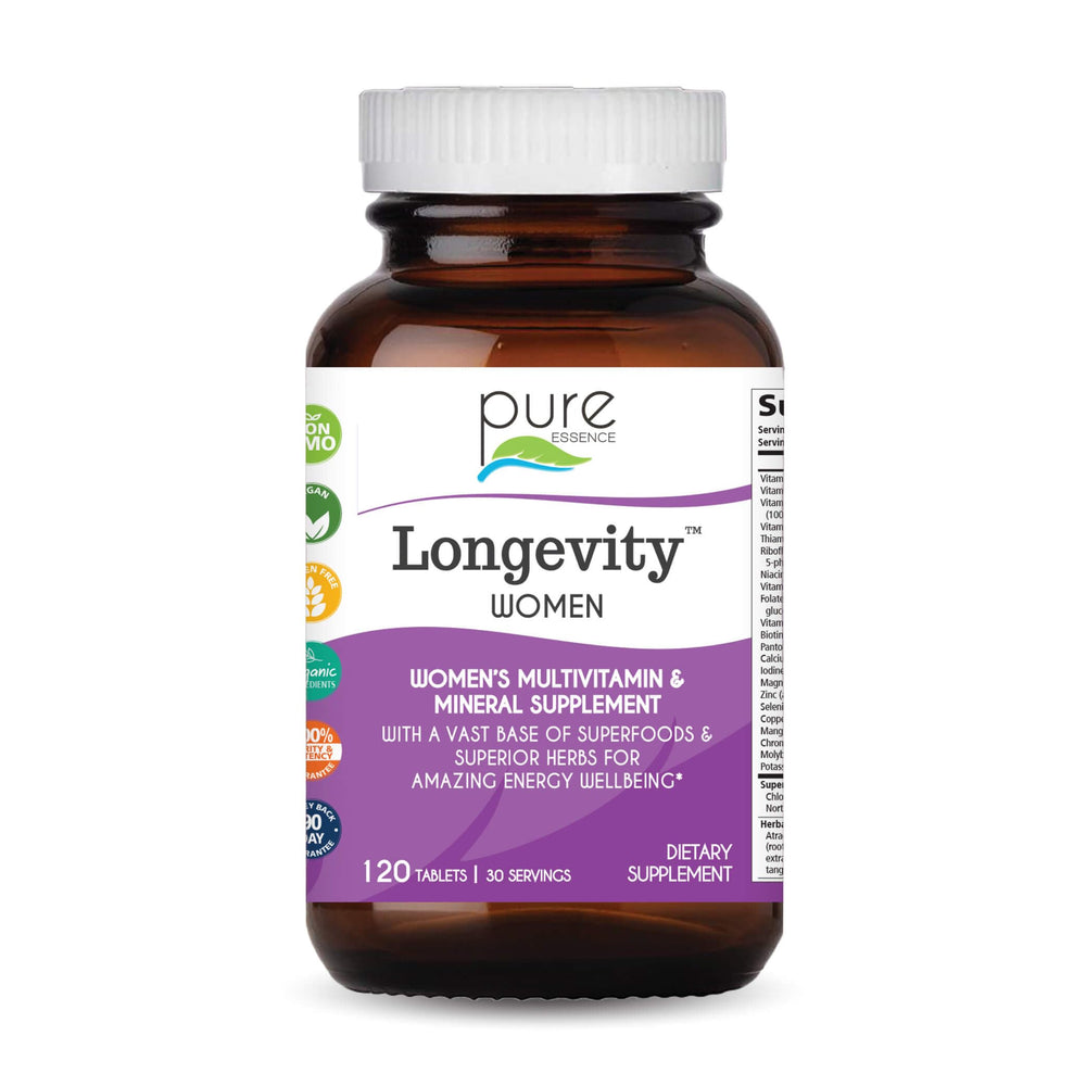 Pure Essence Longevity Women bottle pouring tablets for daily immune support