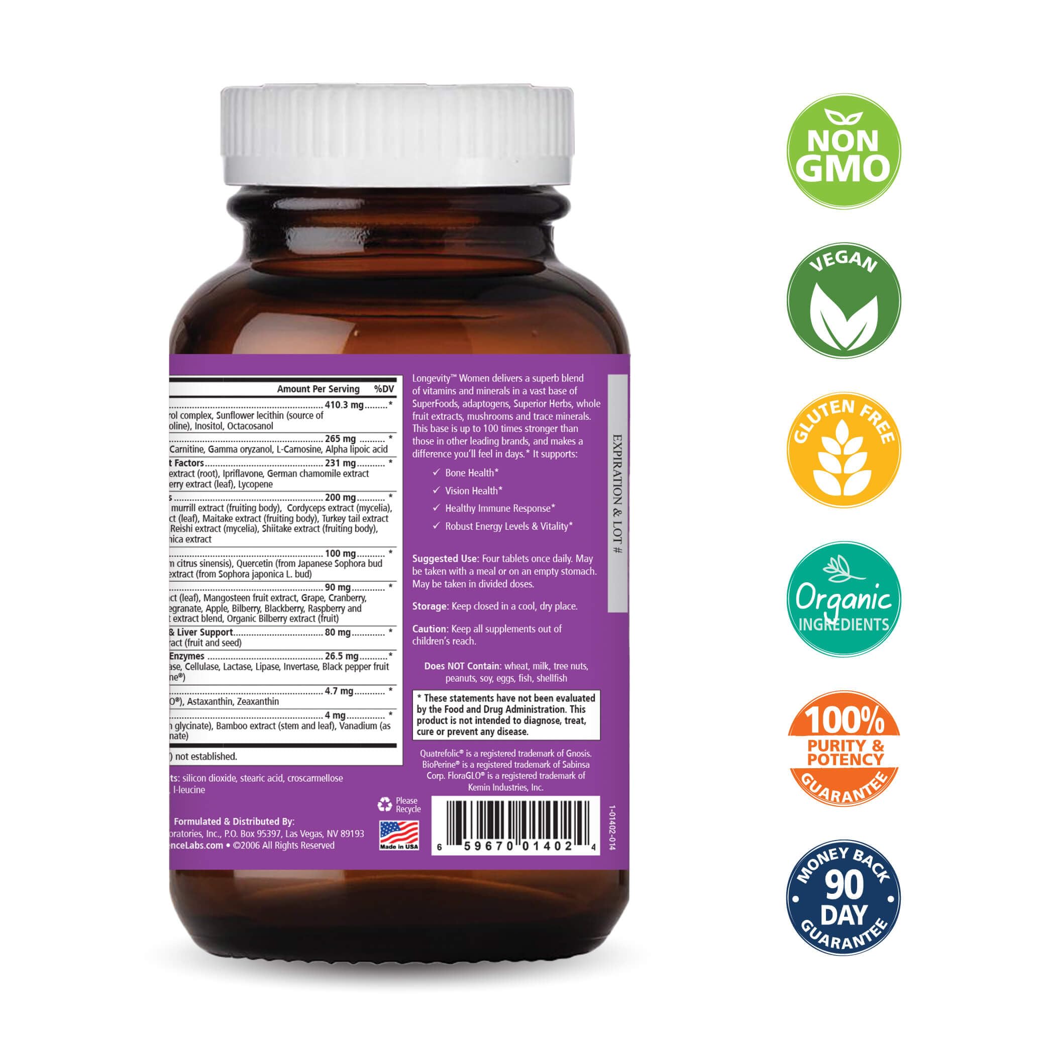 Pure Essence Longevity Women label detail emphasizing balanced formula and clean dietary attributes