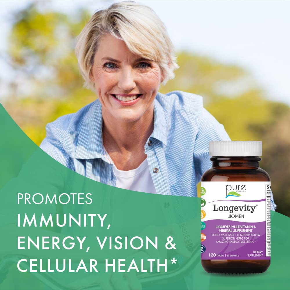 Pure Essence Longevity Women superfoods mix illustrating broad nutrient coverage and plant-based nutrients