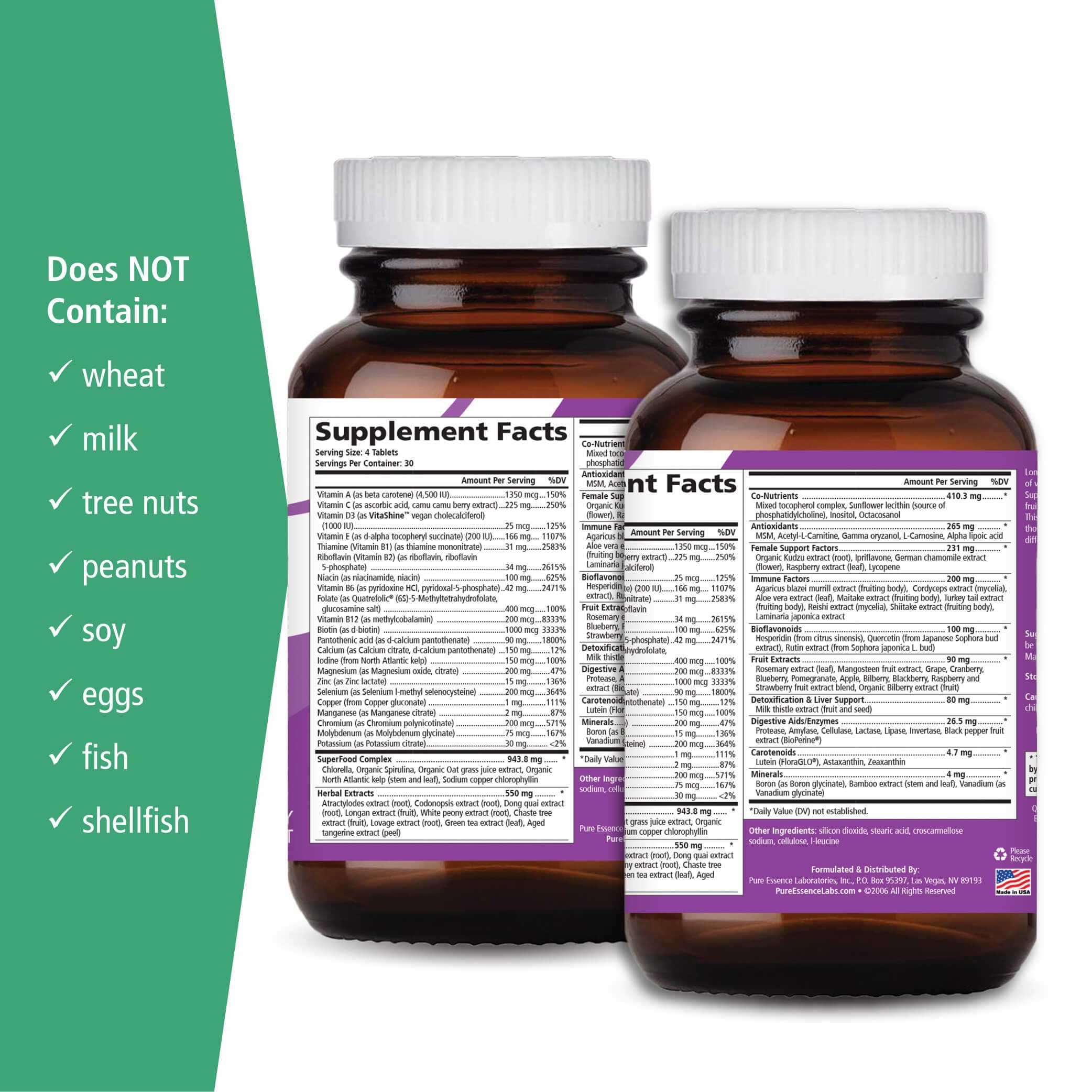 Pure Essence Longevity Women tablets close-up highlighting premium ingredients for daily vitality