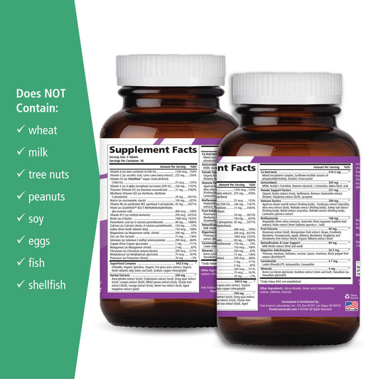 Pure Essence Longevity Women tablets close-up highlighting premium ingredients for daily vitality