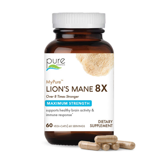 Pure Essence Labs MyPure Lion's Mane 8X bottle highlighting high-potency brain support formulation