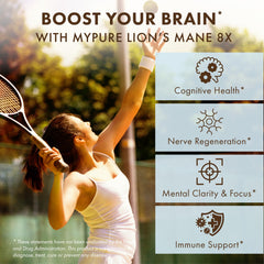 MyPure Lion's Mane 8X label detail highlights organic fruiting body ingredients