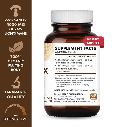 MyPure Lion's Mane 8X label shows organic fruiting body and USA production