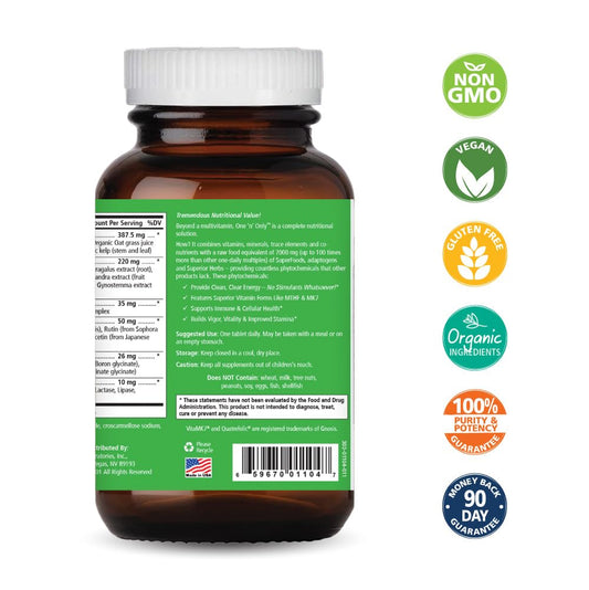 Pure Essence Labs One n Only bottle label closeup highlights ingredients and nutrition
