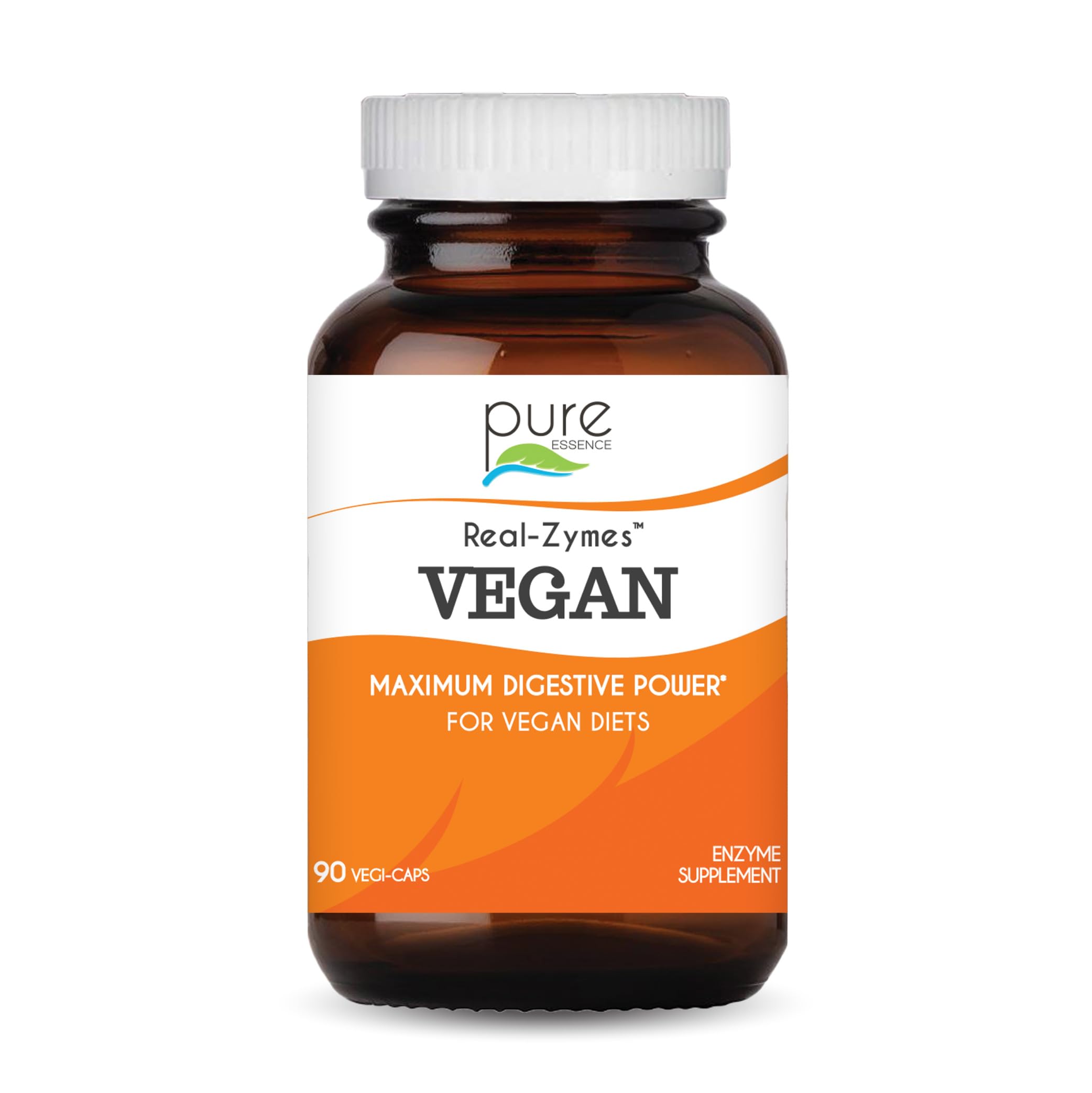 Pure Essence Labs Real-Zymes bottle shows vegan digestive enzymes for daily digestion support