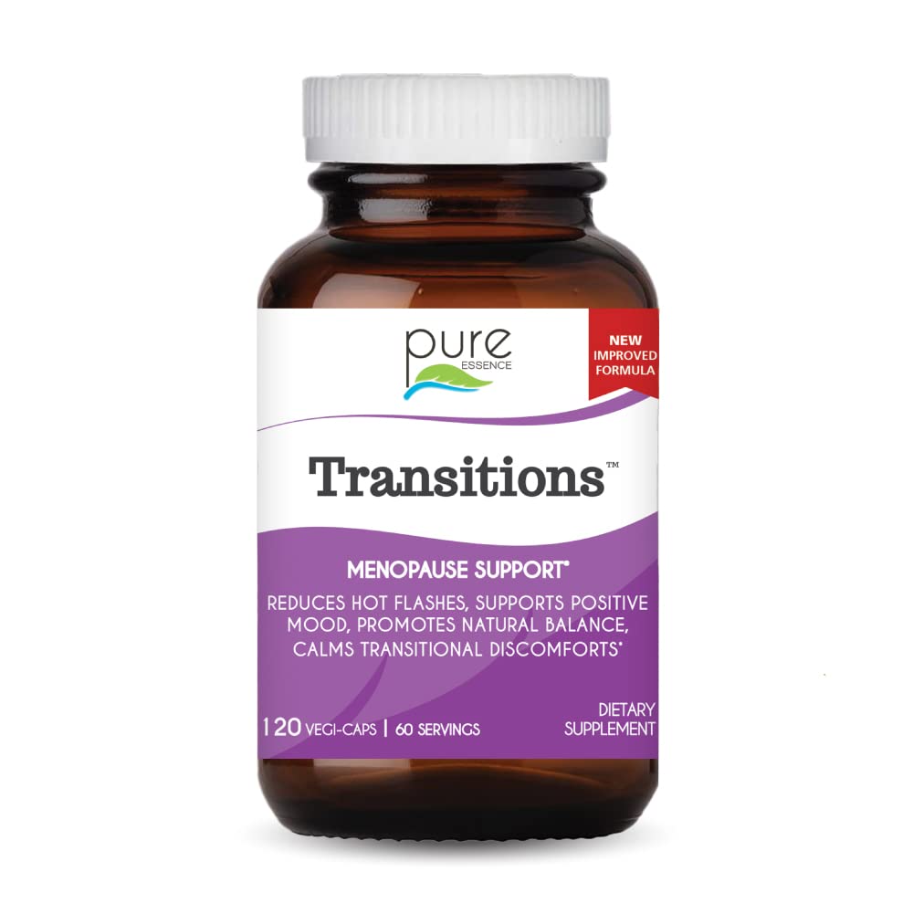 Pure Essence Labs Transitions bottle front promotes hormone balance support.