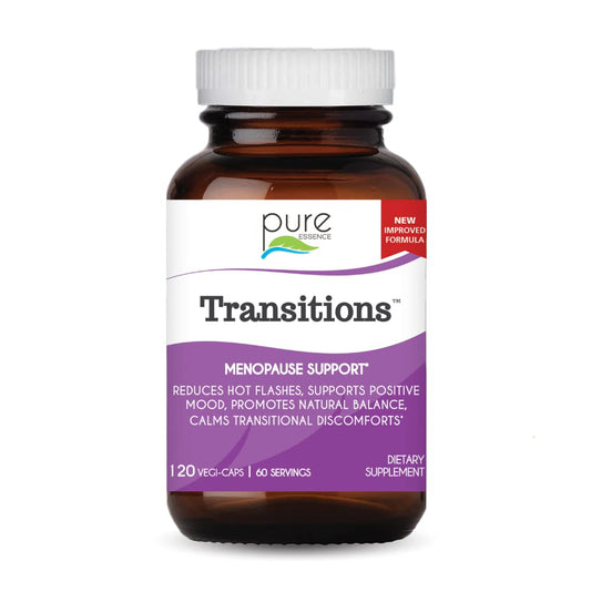 Pure Essence Labs Transitions bottle front promotes hormone balance support.