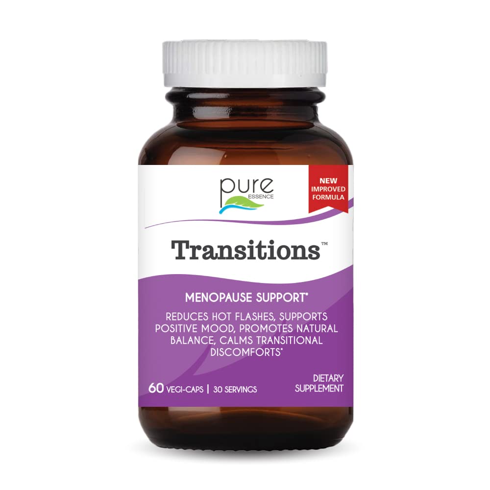 Pure Essence Labs Transitions bottle side view showing compact packaging for menopause support.