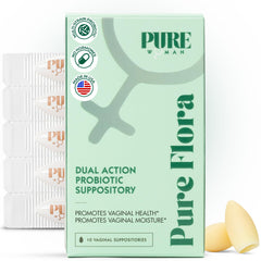 PURE WOMAN Pure Flora box front showing probiotic suppositories for balanced vaginal health naturally.