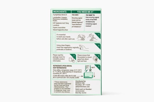 Pure Flora suppositories inside packaging, ready for nightly use.