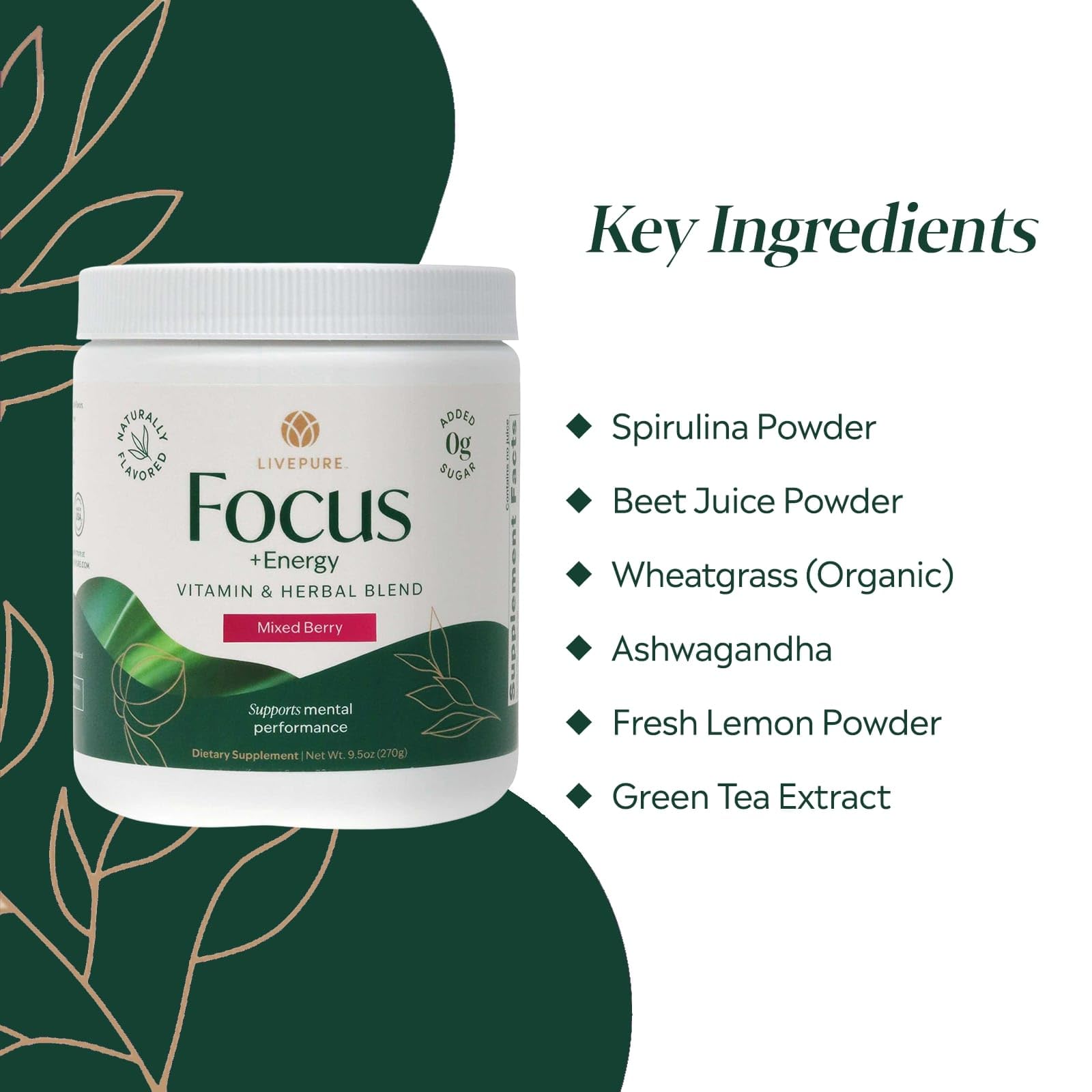 Close-up of spirulina, beet powder, and green tea ingredients