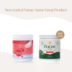 PURE Focus Energy watermelon powder scoop demonstrates convenient mixing for on-the-go vitality