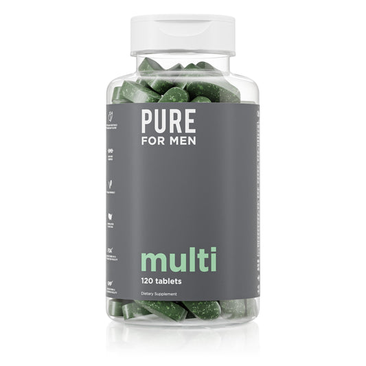 Pure for Men multivitamin bottle front view highlighting energy support