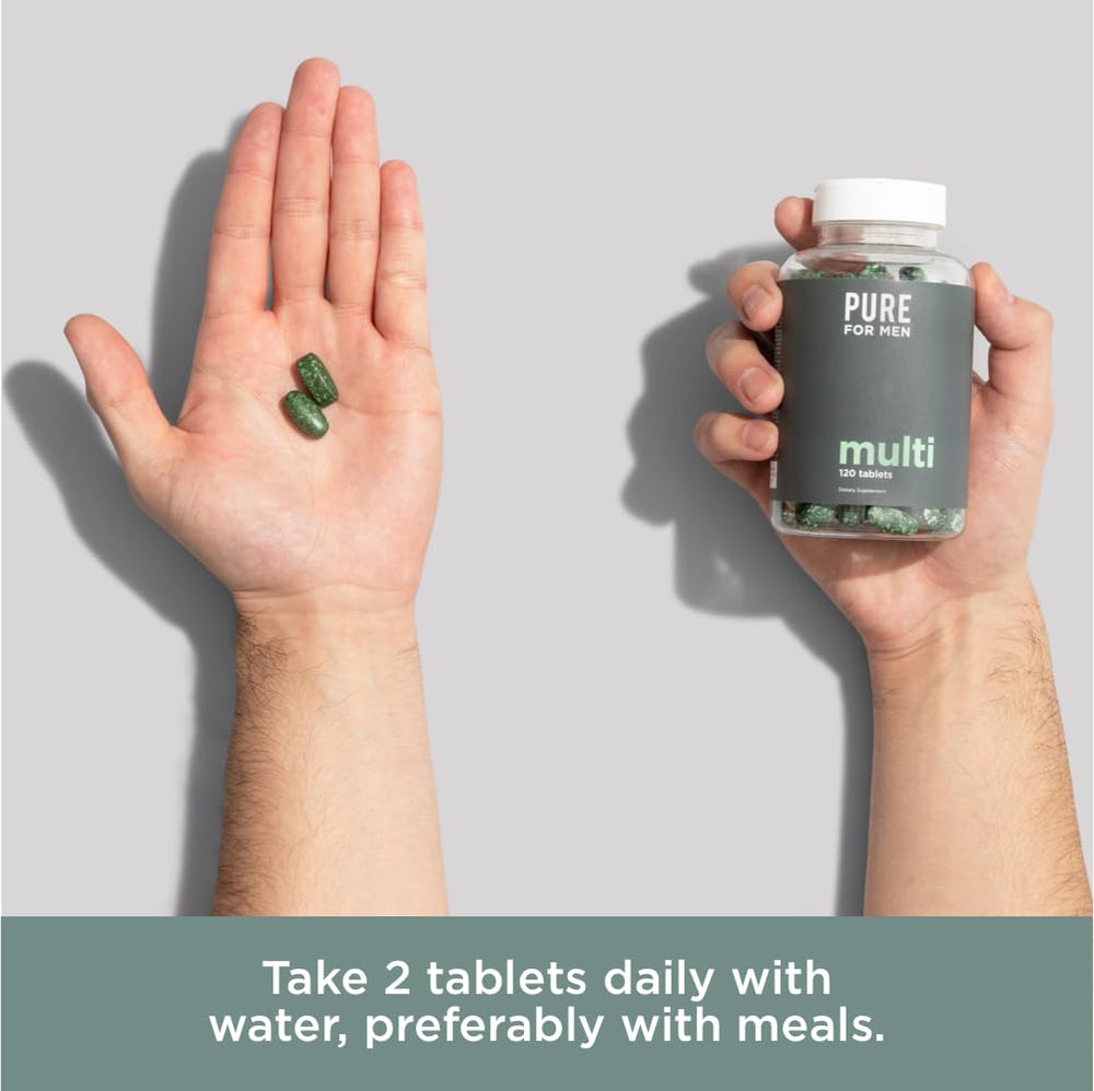 Pure for Men daily use image showing two tablets with meal