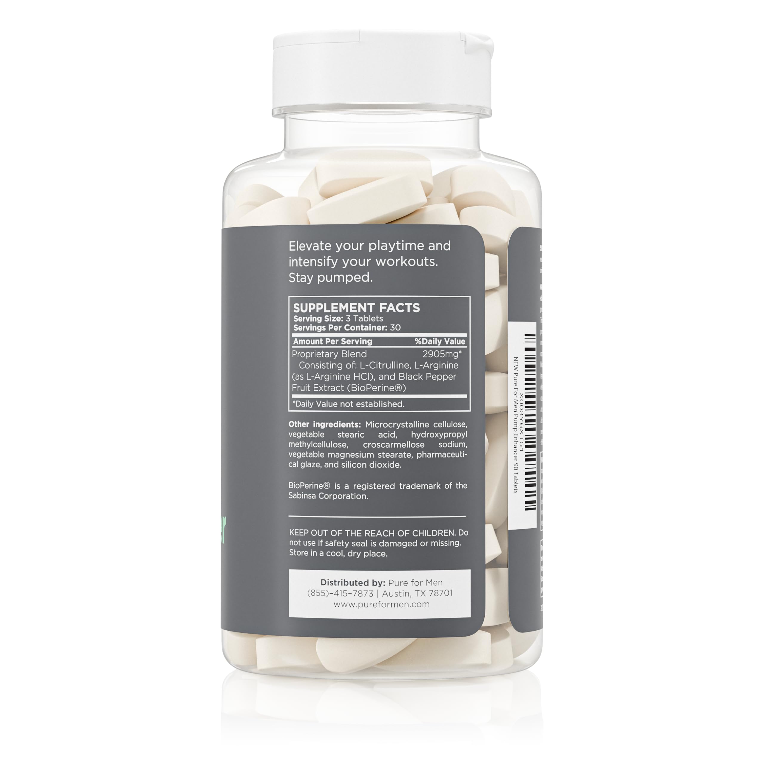 Pure for Men Pump Enhancer bottle back shows ingredient details and vegan formula benefits.