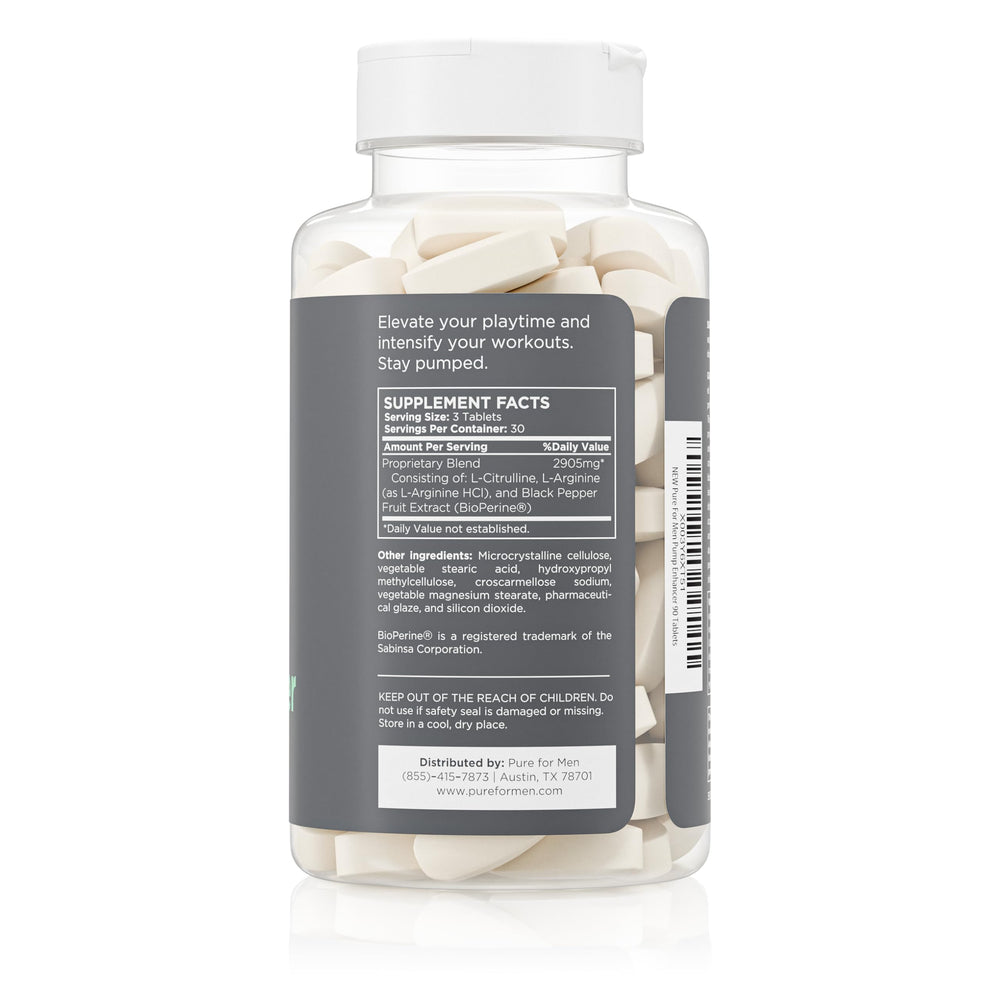 Pure for Men Pump Enhancer bottle back shows ingredient details and vegan formula benefits.