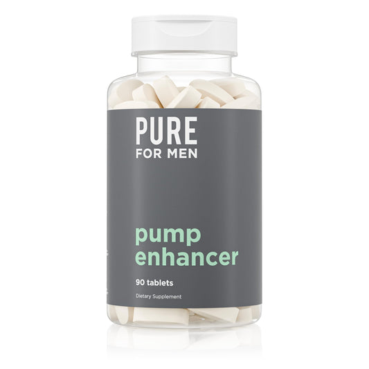 Pure for Men Pump Enhancer bottle front communicates nitric oxide support for workouts.