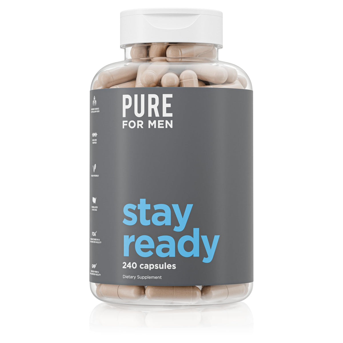 Pure for Men Stay Ready Fiber bottle on the counter for daily wellness.