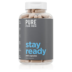 Pure for Men Stay Ready Fiber bottle on the counter for daily wellness.