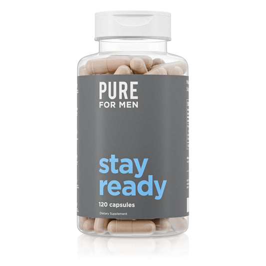Pure for Men Stay Ready Fiber bottle displaying vegan formula for digestive support