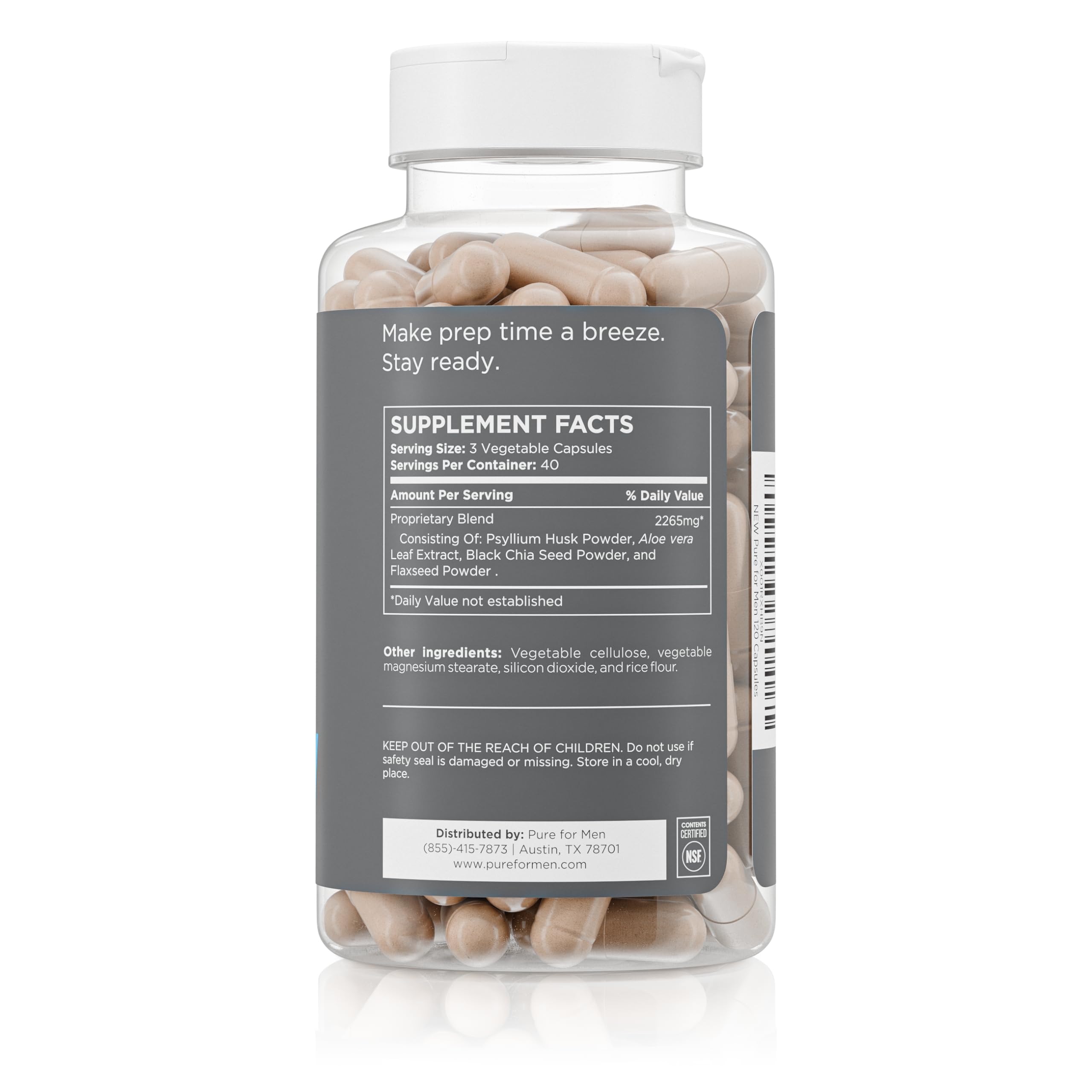 Close up of Pure for Men Stay Ready Fiber capsules for daily use