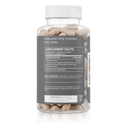 Close up of Pure for Men Stay Ready Fiber capsules for daily use
