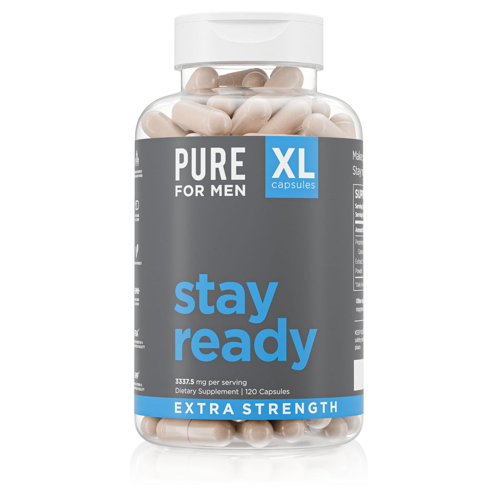 Pure for Men Stay Ready Fiber Extra Strength bottle promotes digestive regularity.