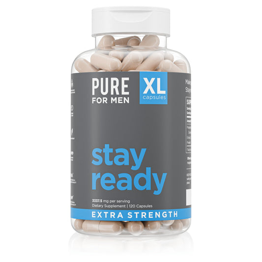 Pure for Men Stay Ready Fiber Extra Strength bottle promotes digestive regularity.
