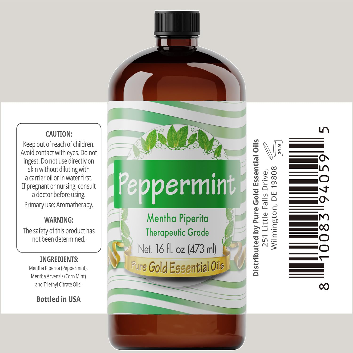 Pure Gold Peppermint Oil 16oz bulk packaging highlight for home cleaning and scent blends