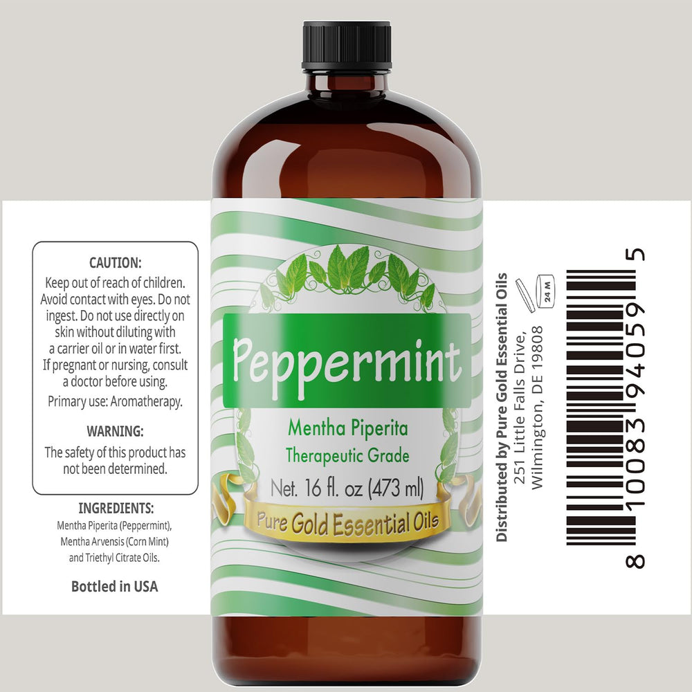 Pure Gold Peppermint Oil 16oz bulk packaging highlight for home cleaning and scent blends