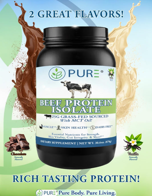 PURE grass-fed beef protein isolate chocolate scoop ready to mix with cold water or dairy-free milk.