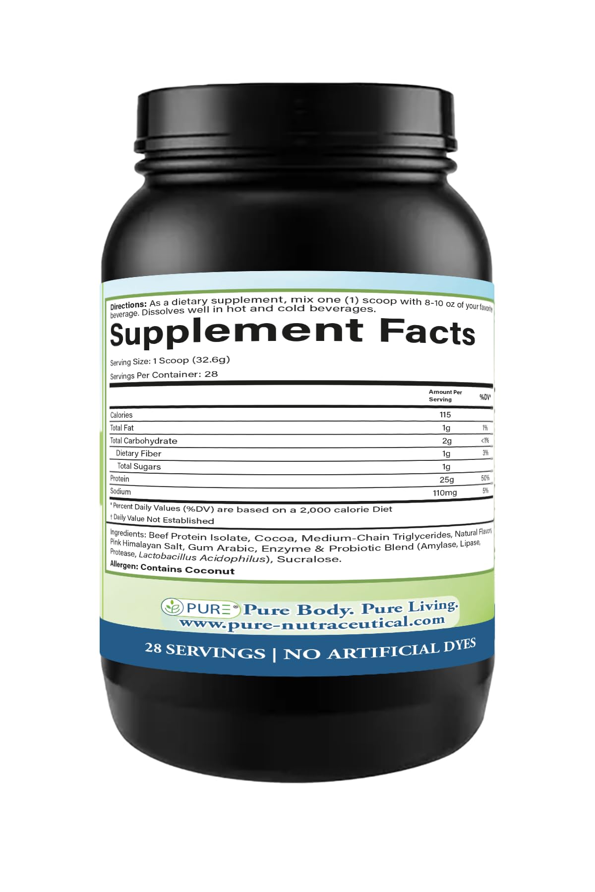 PURE grass-fed beef protein isolate chocolate bottle in shaker indicating smooth, creamy mix.