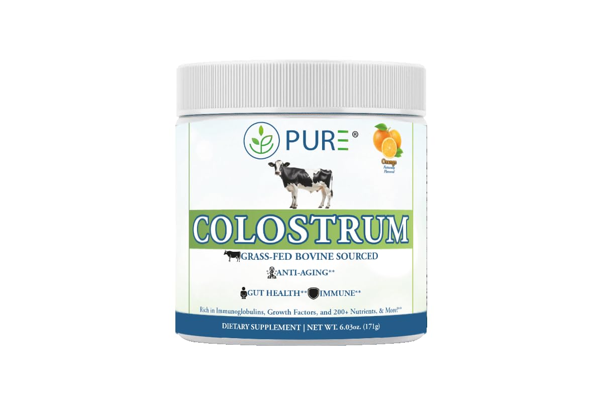 PURE Grass-Fed Colostrum Powder bottle showing 90 servings for daily vitality