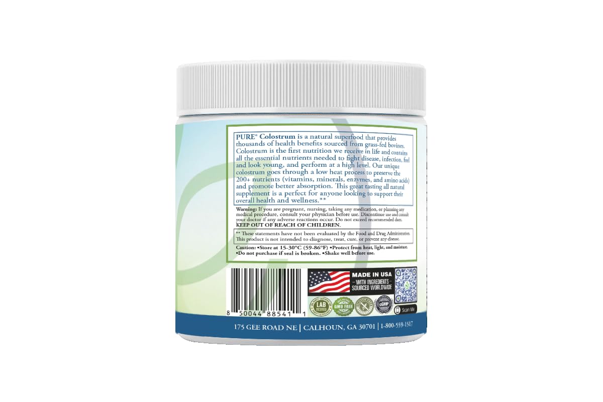 PURE Grass-Fed Colostrum Powder jar with scoop for easy daily wellness