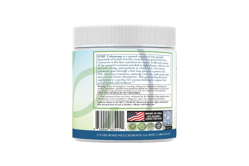 PURE Grass-Fed Colostrum Powder jar with scoop for easy daily wellness