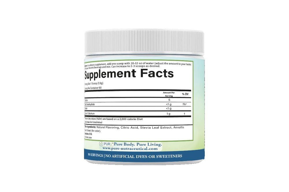 PURE Grass-Fed Colostrum Powder label close-up highlighting natural ingredients
